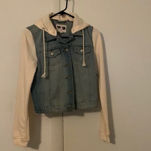 Denim jacket with nude sweatshirt hood and sleeves